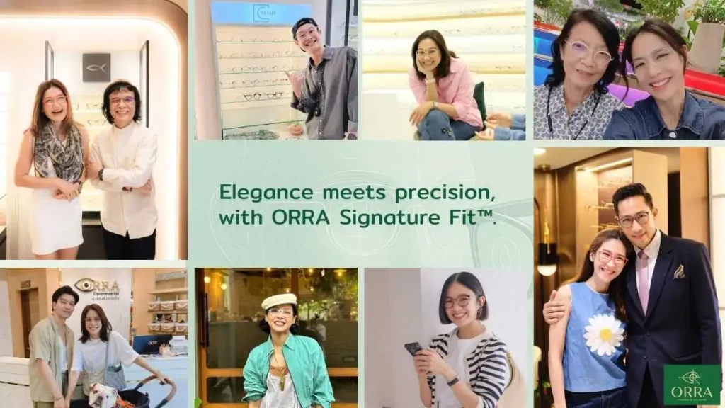 ภาพลูกค้าสวมแว่นโปรเกรสซีฟจาก ORRA พร้อมรอยยิ้มมั่นใจ สื่อถึงความพึงพอใจหลังการตรวจวัดสายตาแบบเฉพาะบุคคล