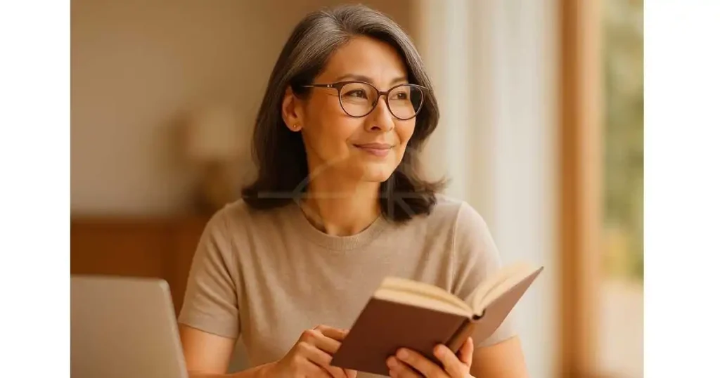 ผู้หญิงเอเชียกำลังใช้คอมพิวเตอร์ในห้องที่มีแสงธรรมชาติ สวมแว่นโปรเกรสซีฟอย่างมั่นใจ สะท้อนว่าการใส่แว่นที่เหมาะสมช่วยลดภาระการเพ่ง ไม่ใช่สาเหตุของสายตาแย่ลง