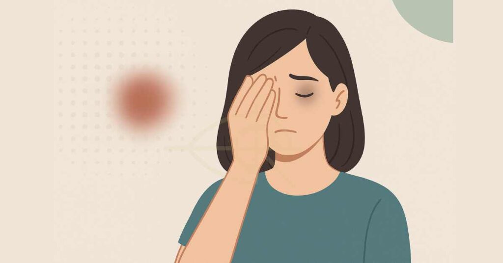 อาการสายตาไม่โฟกัส ผู้หญิงจับตาแสดงความไม่สบายตา